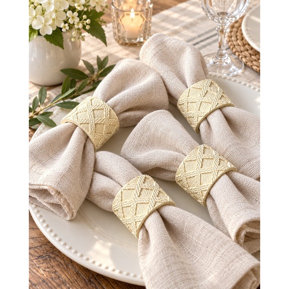 Other - Set of 4 Cream Lattice Cable Knit Textured Napkin Rings Table Decor
